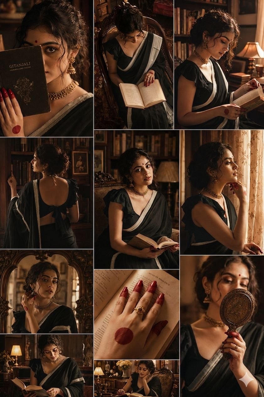 Vintage Literary Reflections in Warm Tones Black Saree Prompt